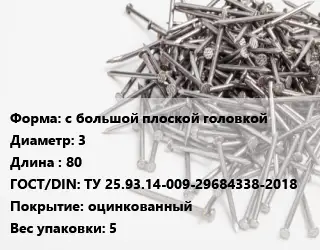 Гвоздь с большой плоской головкой 3х80 ГОСТ: ТУ 25.93.14-009-29684338-2018 оцинкованный 5